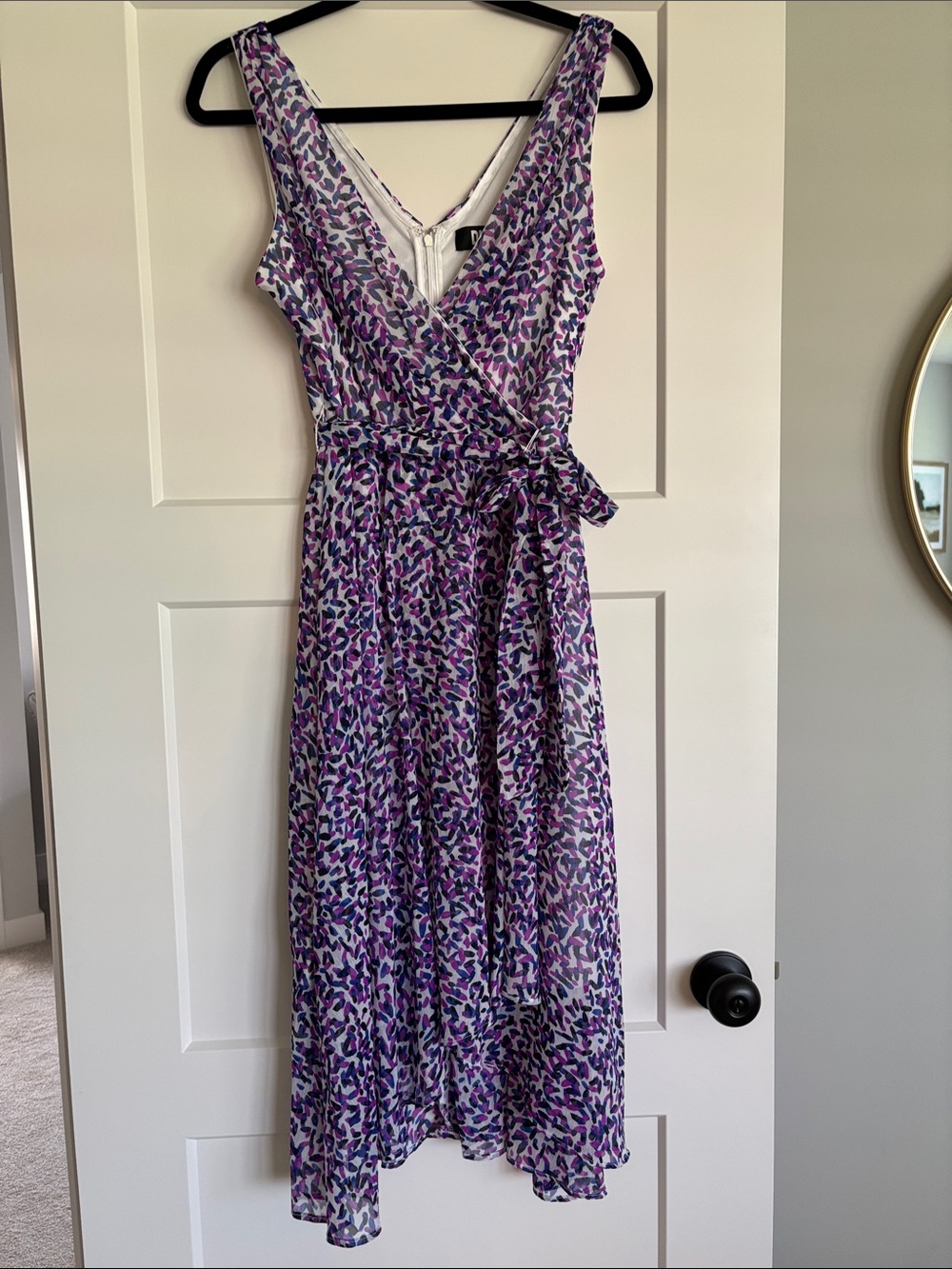 DKNY Sleeveless Purple/Black Wrap Midi Dress with Self-Tie Waist